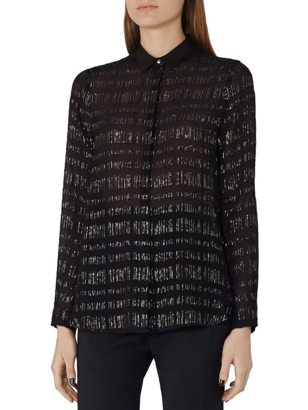 Reiss Garland Metallic Chiffon Shirt Black & Gold S